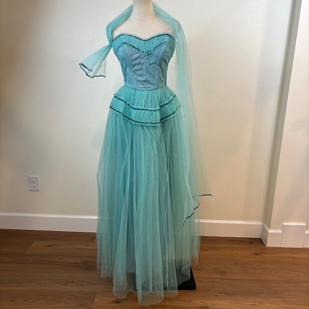 Lorrie Deb Cupcake Dress Women XS 25" W Blue Vintage 50s Tulle Sequin Prom
